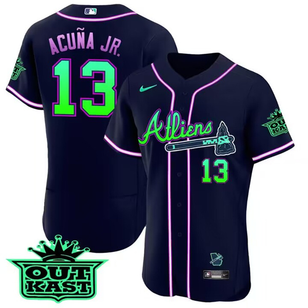 Men's Atlanta Braves #13 Ronald Acuña Jr. 2023 Galaxy Flex Base Stitched Baseball Jersey Men's Atlanta Braves #13 Ronald Acuña Jr. 2023 Galaxy Flex Base Stitched Baseball Jersey